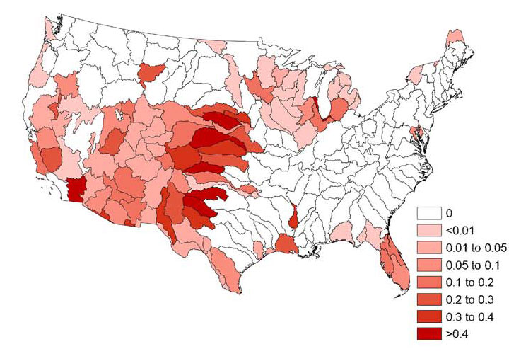 Las áreas rosas y rojas muestran dónde probablemente se producirá la escasez de agua.