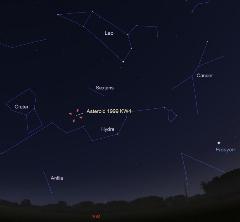 Chart with constellations Leo, Hydra, Cancer, and Crater with asteroid location marked.