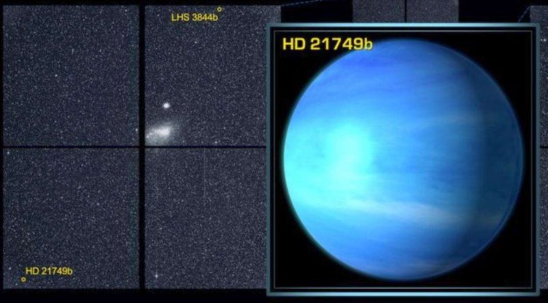 Left panel: planet's location. Right panel: Blue planet with faint white bands.