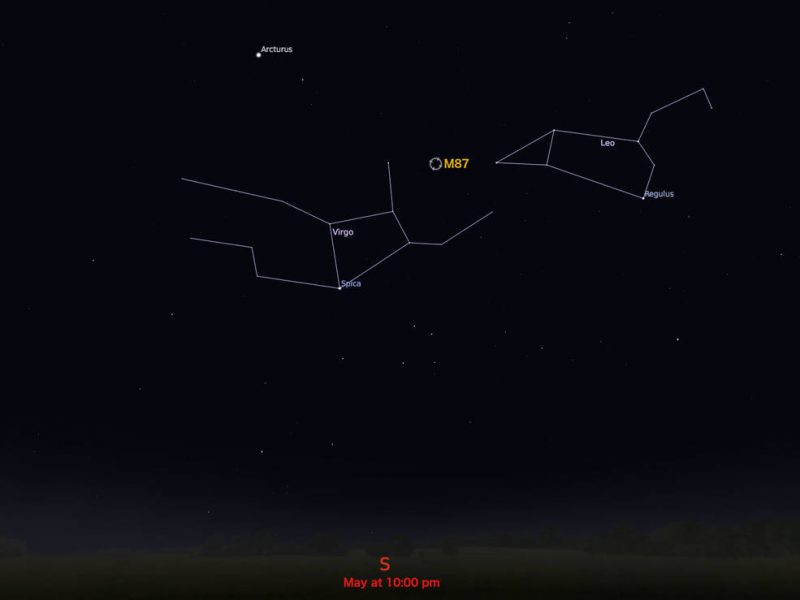 Star chart showing constellations Virgo and Leo, with M87 between them.