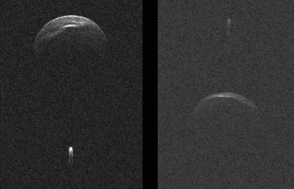 Split panel showing a big round rocky body (the primary asteroid), with a tiny light near it (the asteroid moon).