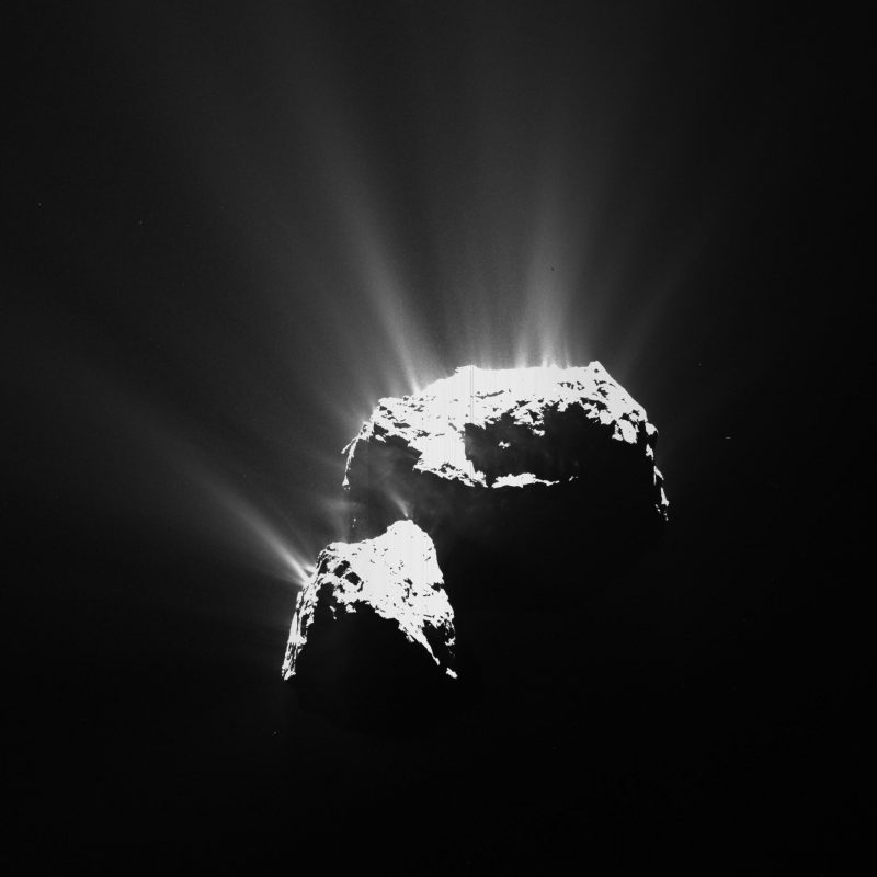 Comet 67P, with multiple dust jets spewing from it.