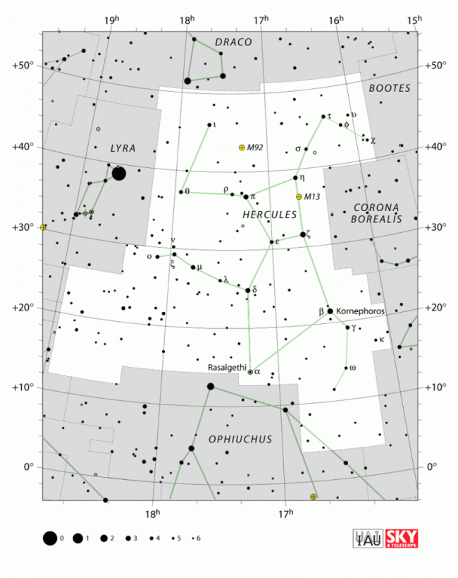 Star chart, black stars on white background, with constellation Hercules outlined.