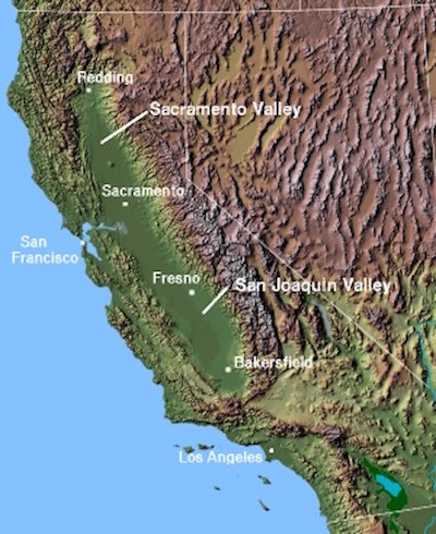 Contour map of California with labeled cities and valleys.