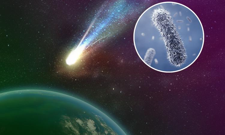 Orbital view of meteor beginning to burn in high atmosphere, inset bacteria picture.