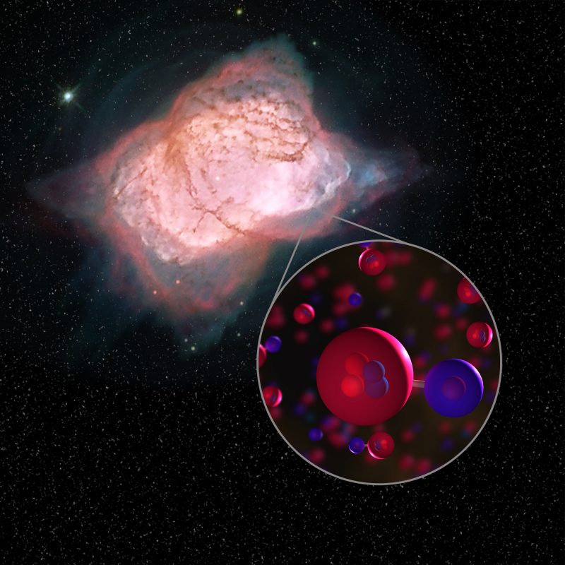 Pink cloud in space with expanded view of atoms depicted as little spheres.