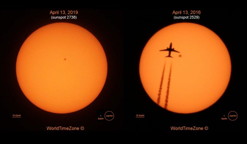 Suns side by side with spots, one with jetliner silhouetted on it.