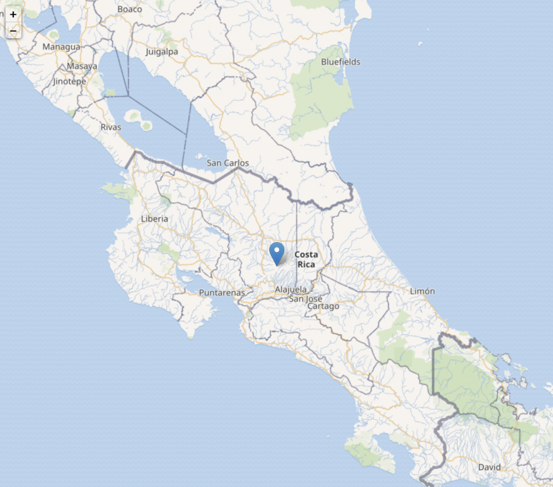 Costa Rica map with pointer showing location near middle.
