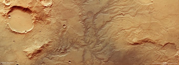 Tannish textured area with winding tributaries.