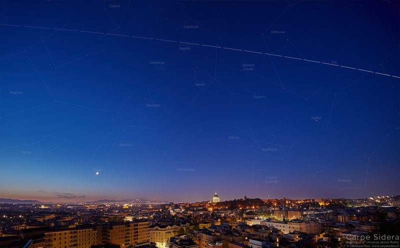 A thin dotted line across a dark blue sky, with city lights below.