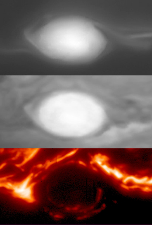 Jupiter's Great Red Spot closeup in grayscale and in color with flamelike clouds around it.