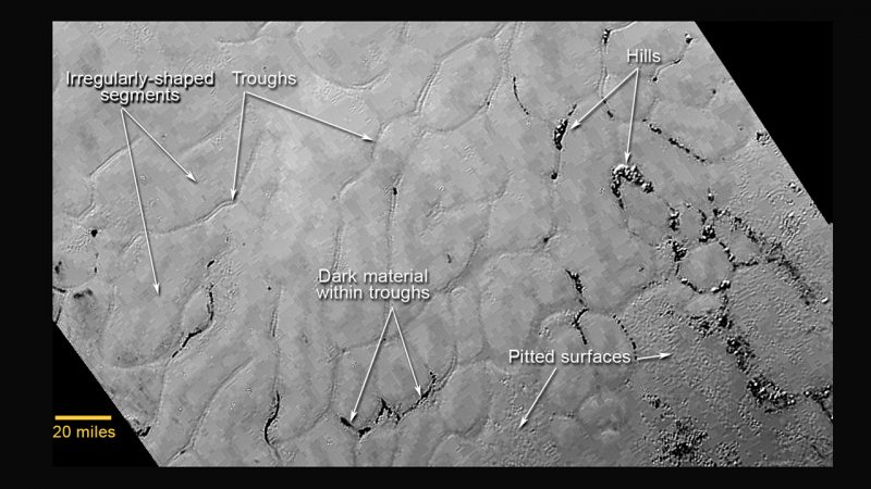 Icy flat areas divided by very thin lines and lines of tiny dark pits.