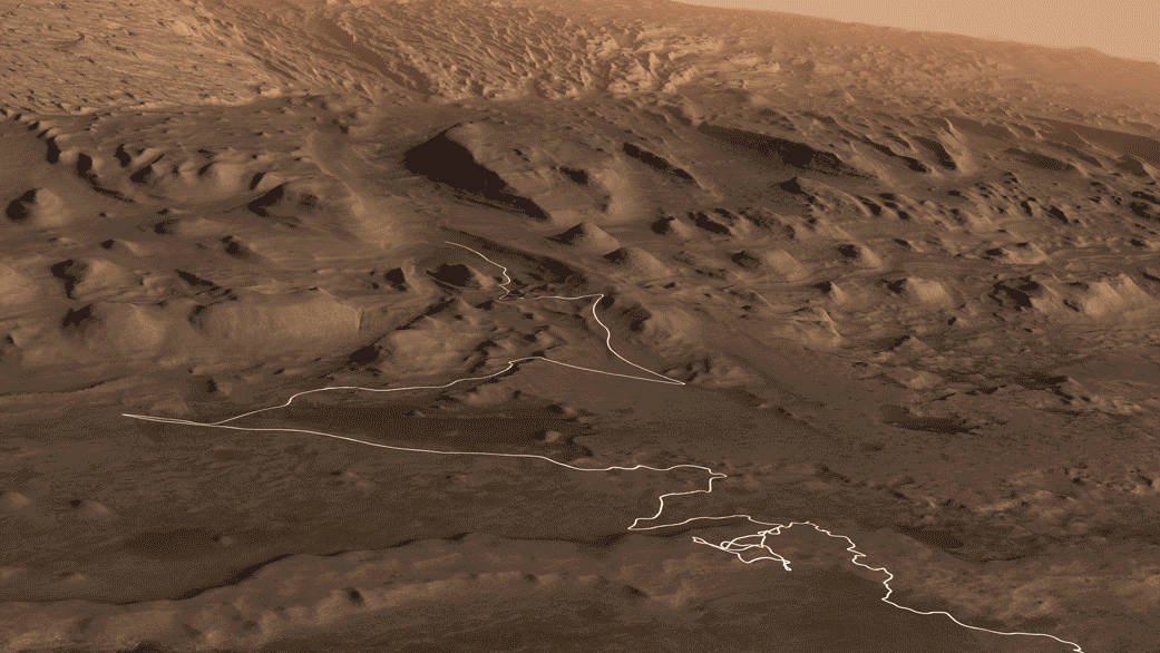 Line showing routs over vari-colored terrain indicating different kinds of rock and soil.