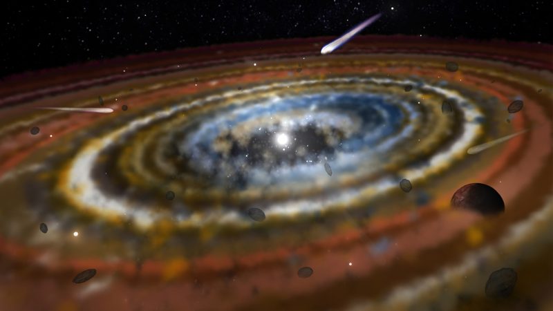 A debris disk around a star, with planets peeping from the dust, 3 comets aimed inward toward the star.