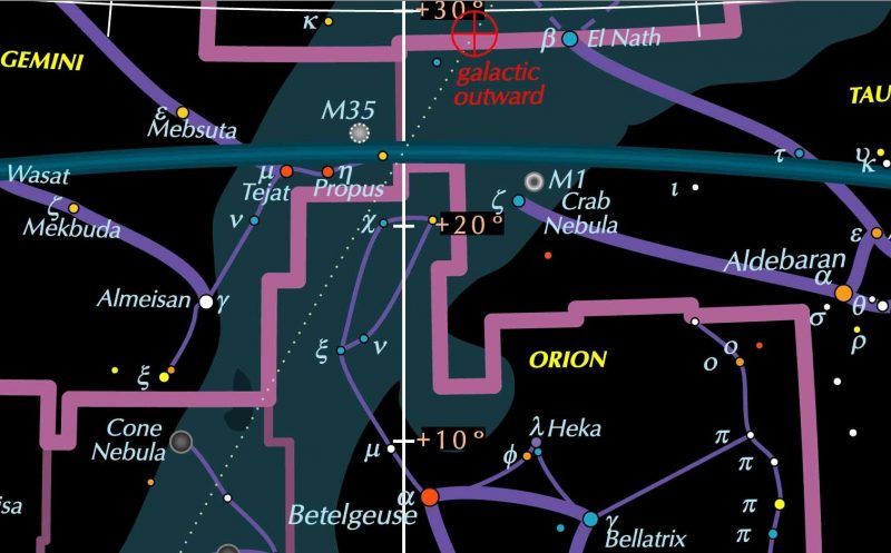 Star chart, showing Milky Way, many stars, and constellation outlines.