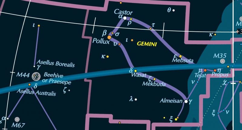 Star chart, showing Milky Way around constellations Gemini and Cancer.
