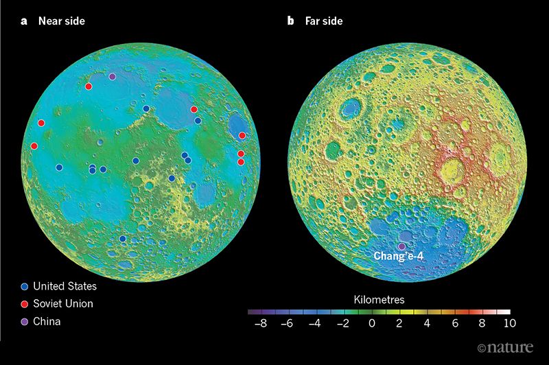Two round topographic maps, one showing the moon's near side and one the far side, with spacecraft landing sites marked.