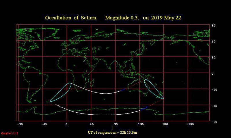 Worldwide map of Saturn occultation with small ovals and parallel lines.
