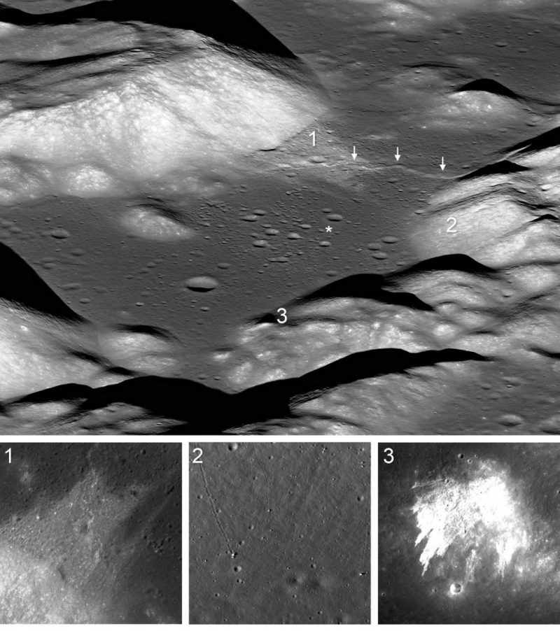 Panels showing gray lunar landscape, gray valley above and 3 smaller panels below.