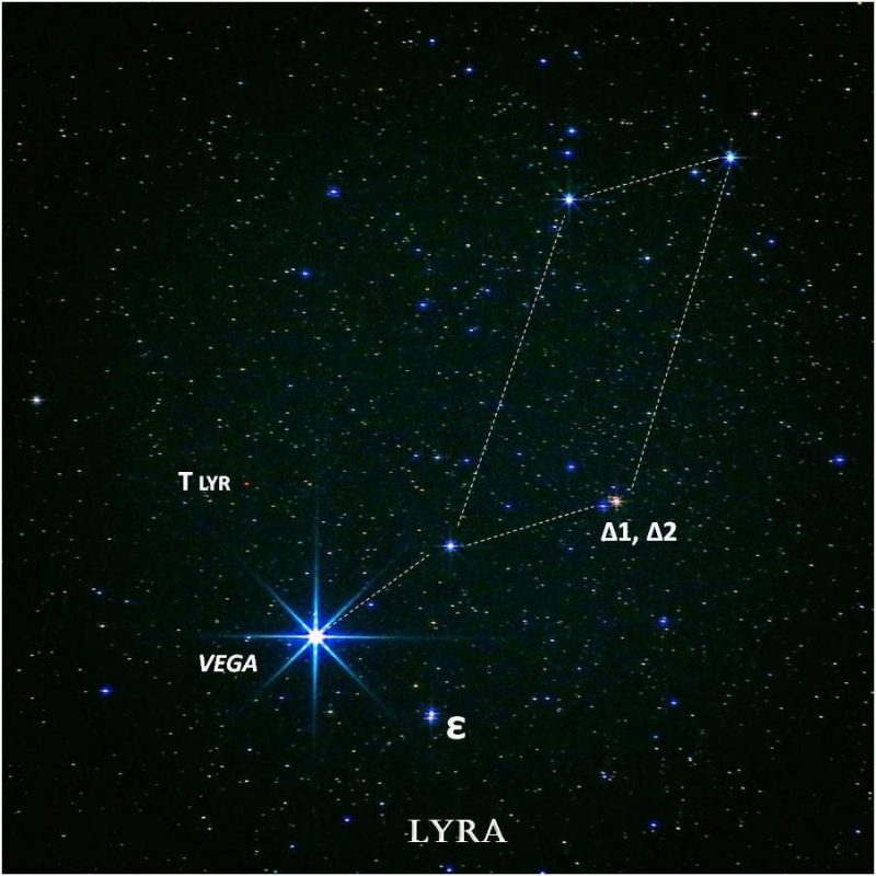 Kite shaped constellation with bright blue-white star at bottom, and 4 other stars in Lyra marked.