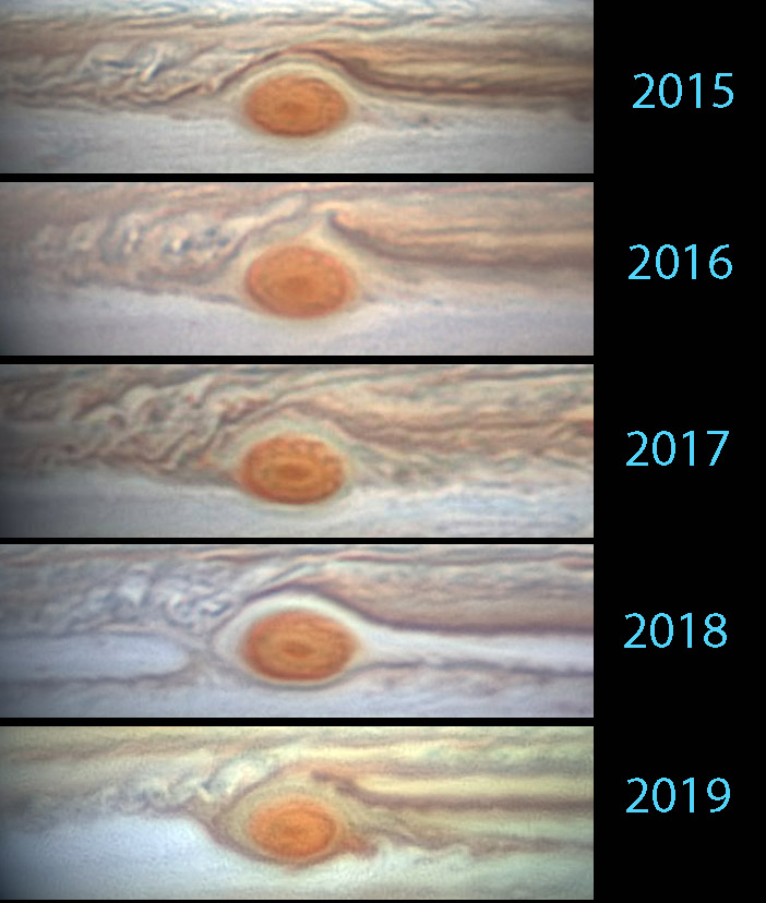 Series of Jupiter photos - 2015 to 2019 - showing changes in the Red Spot.
