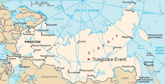 Tunguska explosion: Partial world map, showing Russia with red dot in middle of Siberia.