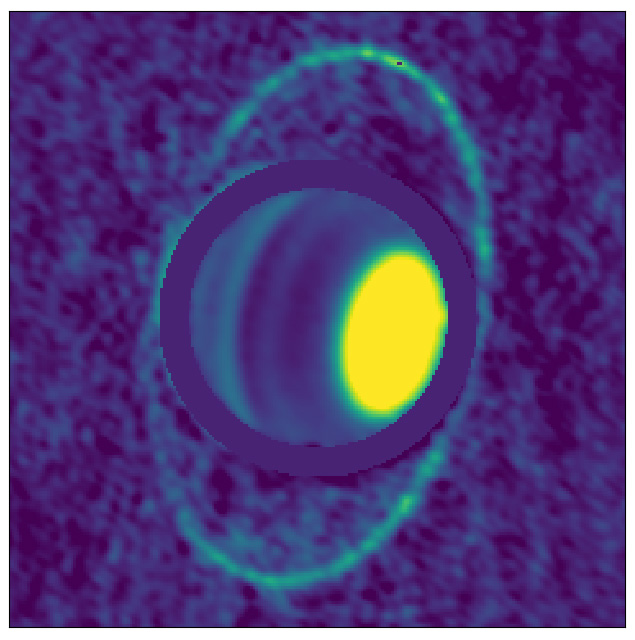Ball with bands, bright spot, and thick atmosphere encompassed by narrow greenish rings.