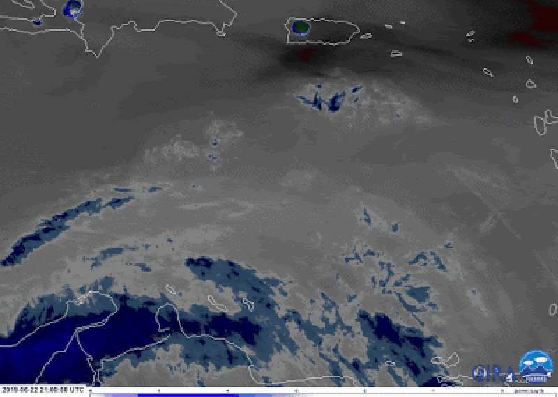 Weather satellite image of a bright flash above the ocean.