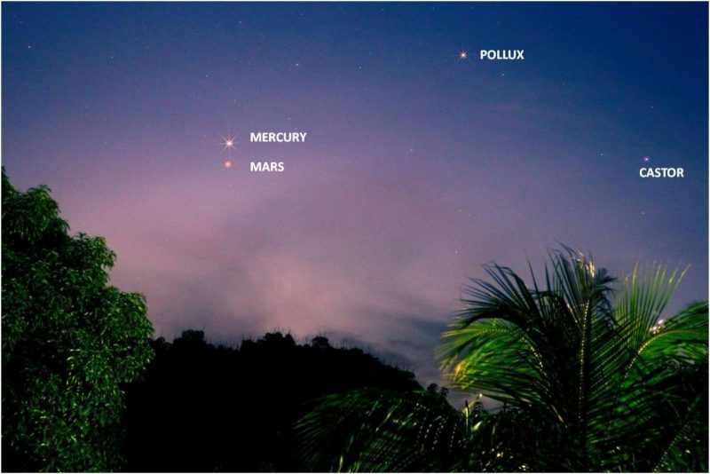 Pink twilight sky with Mars and Mercury marked, and also the stars Castor and Pollux marked.