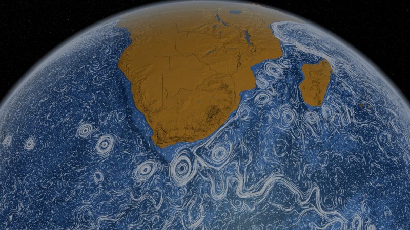 Perpetual ocean: Southern Africa in brown surrounded by intricate loops and swirls in blues.