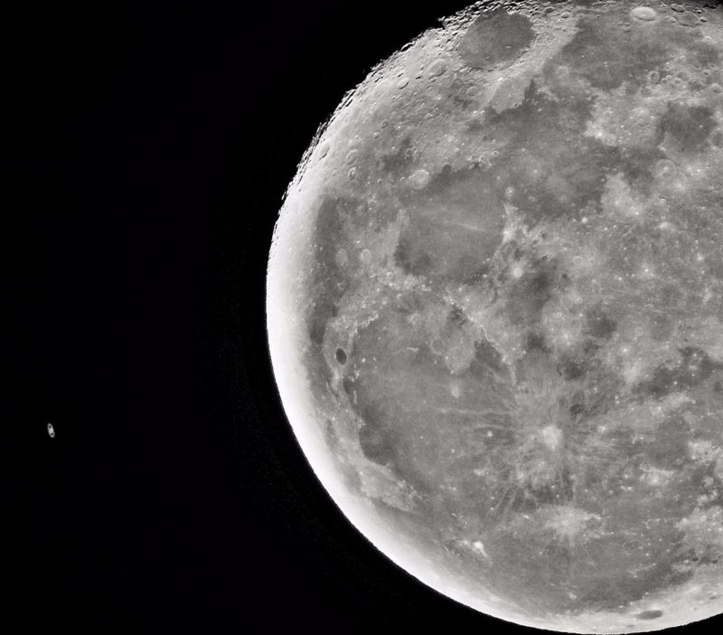 A telescopic view of a tiny-looking Saturn, next to a telescopic view of a huge moon.