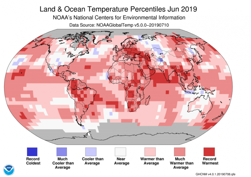 World map mostly covered in shades of pink representing warmer to record heat.