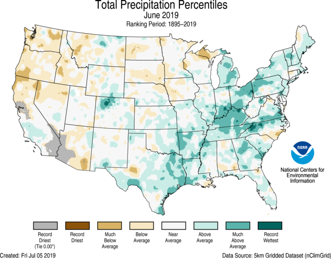 US map showing lower precipitation in west and higher precipitation in east.