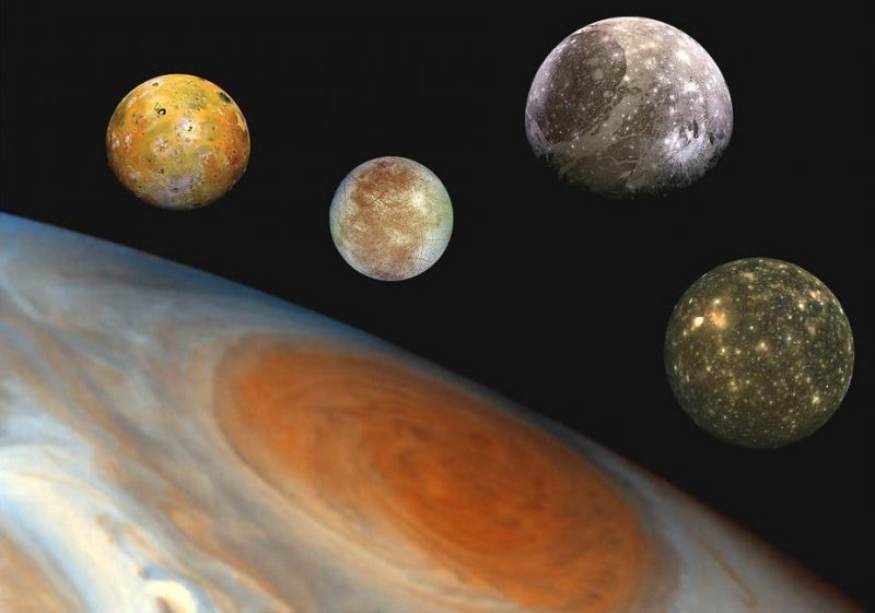 Composite view: part of Jupiter with Great Red Spot with its 4 largest moons, variously colored, on black background.