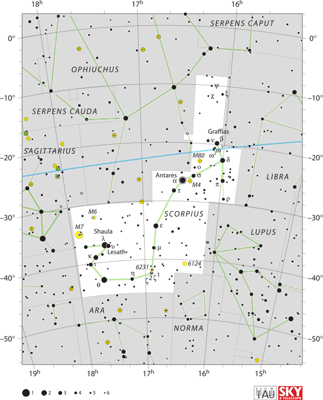 A star map showing the stars in Scorpius with stars in black on white.