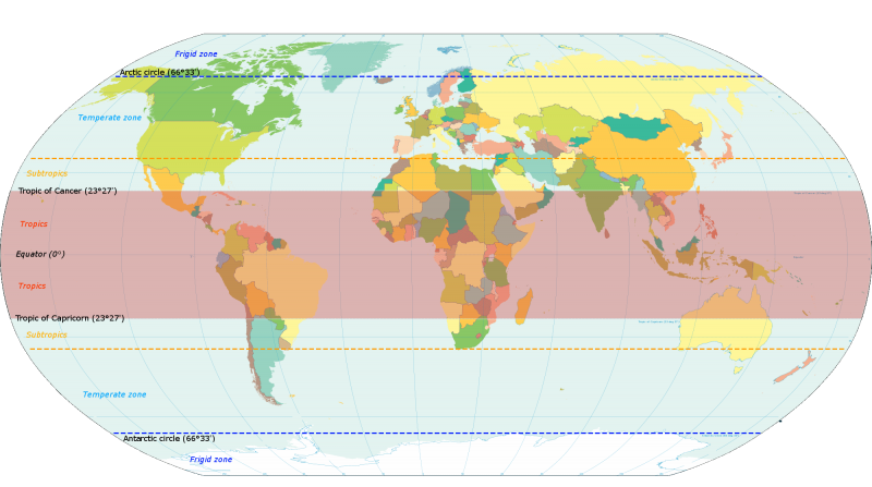 World map with tropics in pink with yellow dotted lines defining subtropics north and south.
