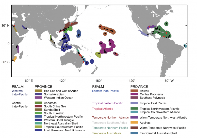 World map with colored dots indicating coral reef study sites.