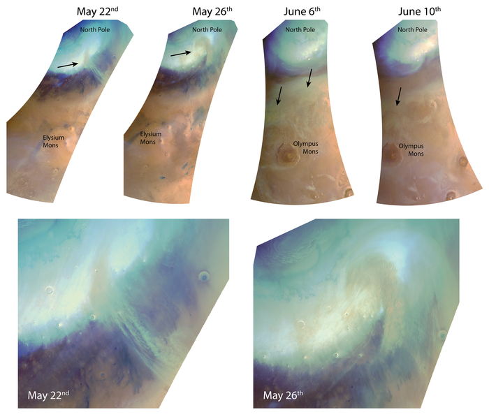 4 satellite views showing bluish round area over tan landscape.