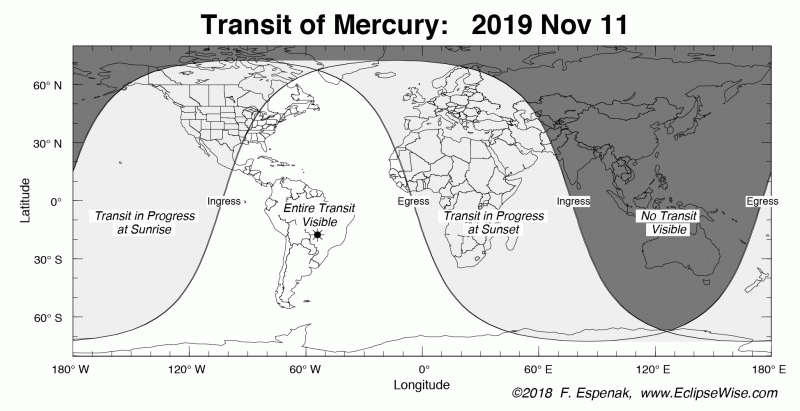 Worldwide map of where the Mercury transit is visible.