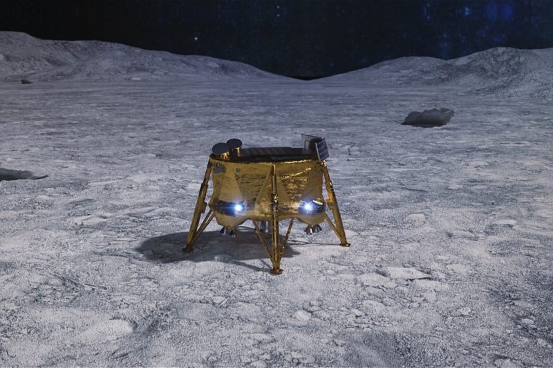 Boxy flat-topped Lander with four jointed legs and two bright lights.