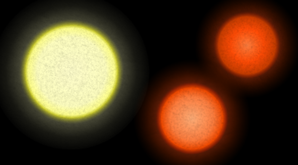 Large yellow circle and two smaller orange circles nearly the same size.