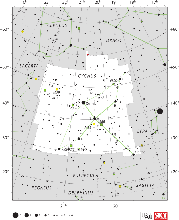 Star chart of Cygnus with stars in black on white and green lines showing labeled constellations.
