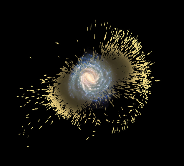 Face-on view of galaxy with very many yellow arrows exploding radially out of it.