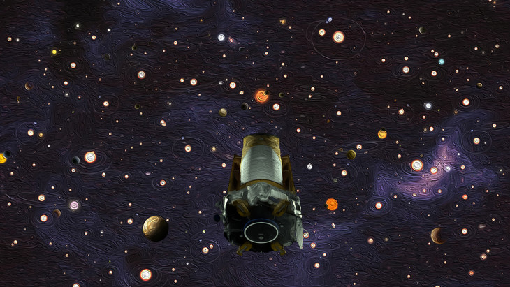 Cylindrical spacecraft with very many planets of varying sizes in background.