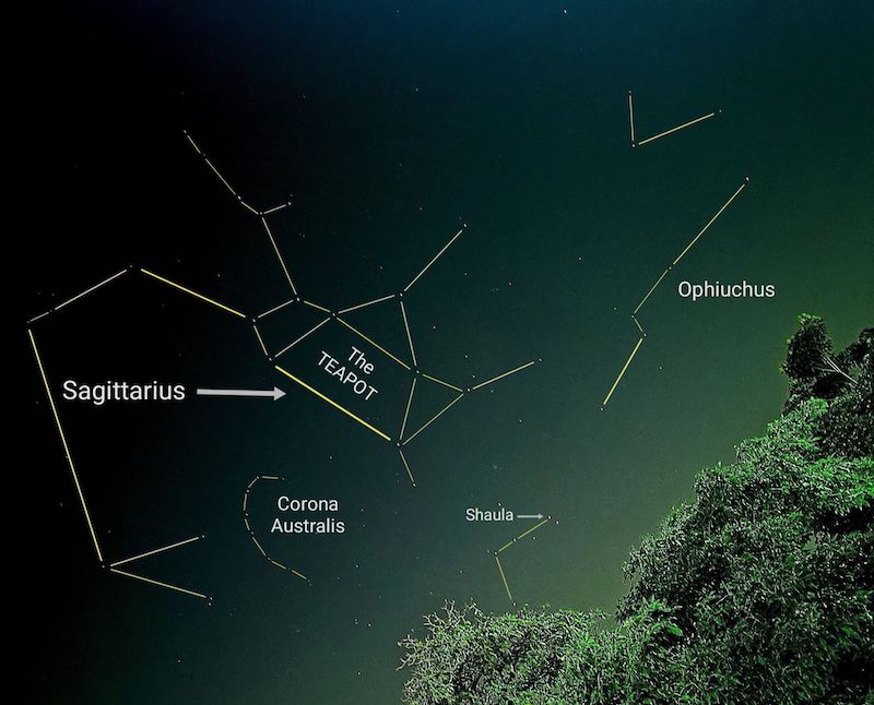 Labeled constellations and asterism on a green-tinted nightsky with bushes in lower left corner.