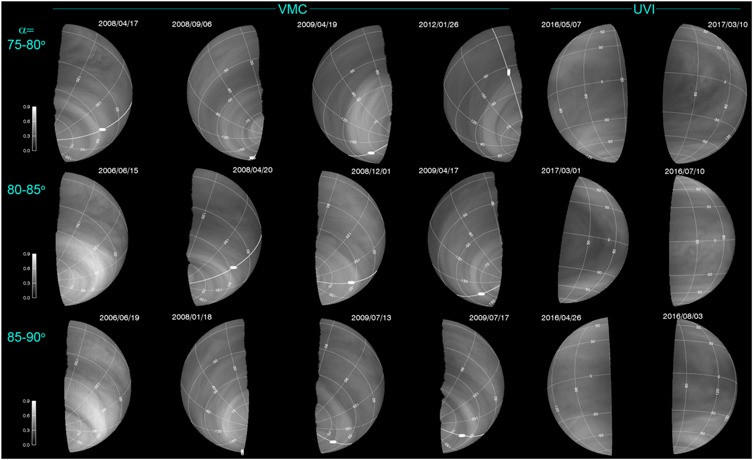 18 grayscale images of Venus showing lighter and darker areas of the atmosphere.