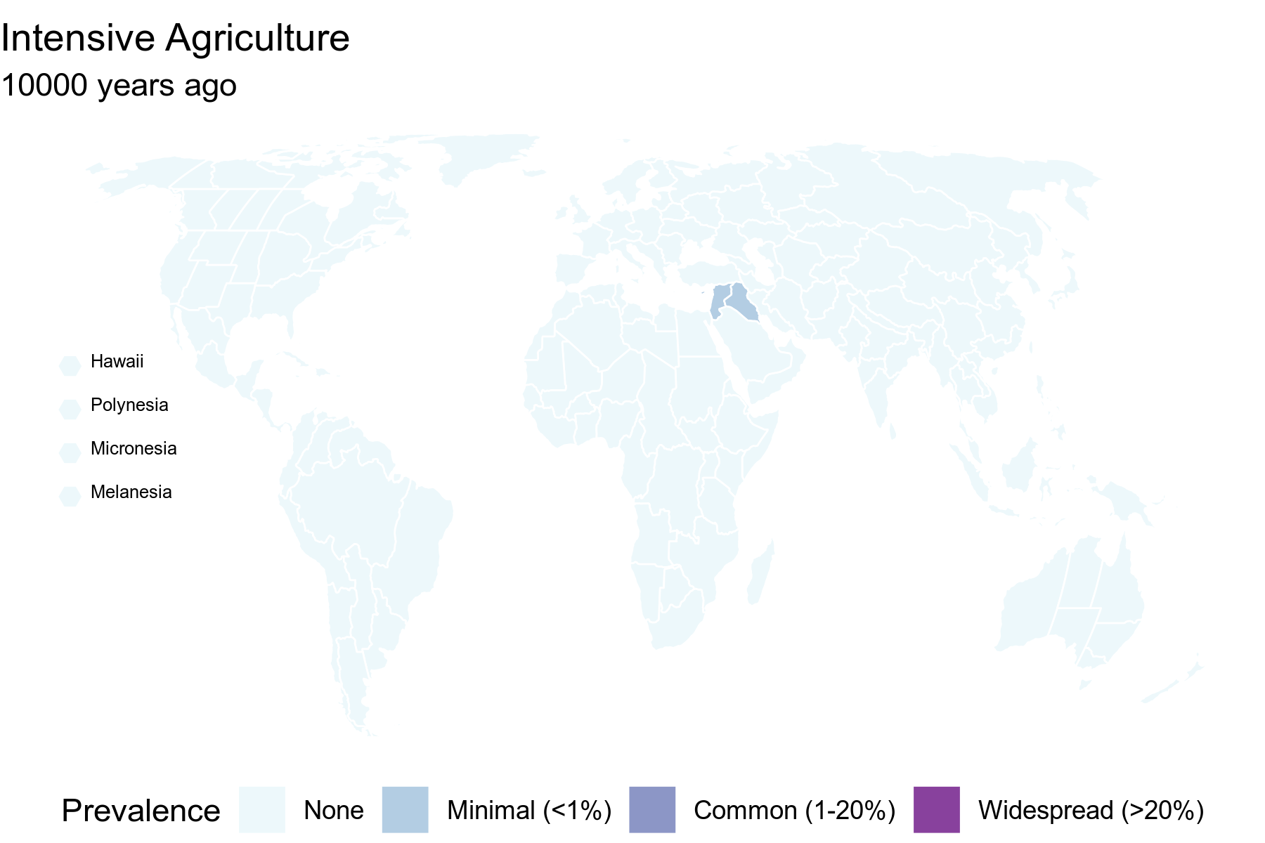 World map. Agriculture spreading from Middle East to cover nearly entire world.