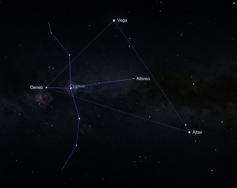 Star map with Cygnus in a black sky with nebulous Milky Way barely visible, and blue constellation lines.