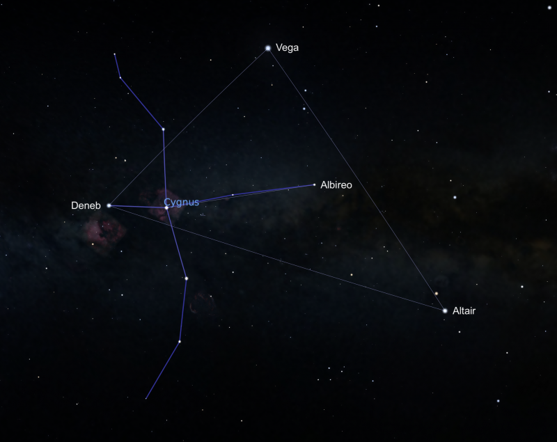 A star map showing Cygnus against a black sky with nebulous hints of the Milky Way Galaxy in the background. Stars are in white, with constellation lines in blue.