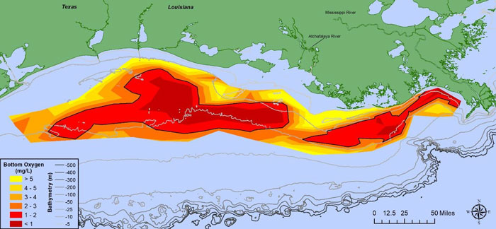Map: Long yellow, orange, red, deep red area south of the coast of Louisiana.